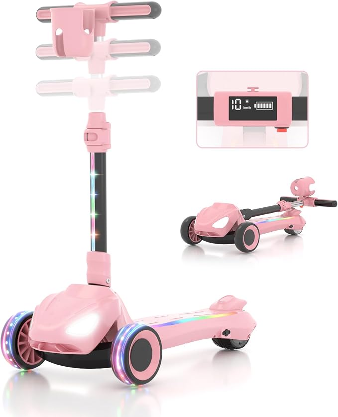 SIMATE Electric Scooter for Kids Ages 3+, 3 Wheel Balance Scooter, 3 Adjustable Heights, Foldable & LED Display & Thumb Throttle, Long Battery Life, Full Body Lights Up, Gift for Kids Boys Girls