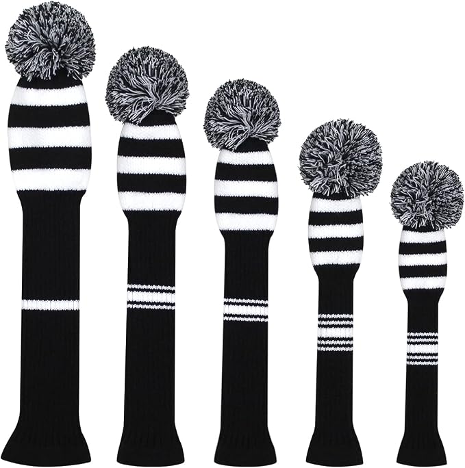Scott Edward Knit Golf Club Cover with a Pom Set of 5 Head Covers Protect Driver Wood(460cc) 1 Fairway Wood2 and Hybrid/UT2 with Rotating Club Number Tags