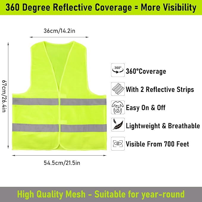 40 Pack Safety Vests Bulk,Yellow Reflective High Visibility Construction Vest for Men and Women,Hi Vis Silver Strip Mesh Work Vest for Cycling Runner Neon