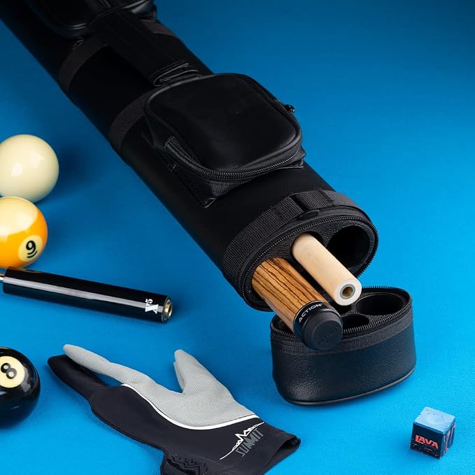 Action 34" Long Pool Cue Hard Carrying Case - Holds 2 Butts & 2 Shafts, Separate Molded Tubes, Large Zippered Accessory Pockets, Adjustable 1" Vinyl Carrying Strap, Fits up to 32" Shaft or Butt