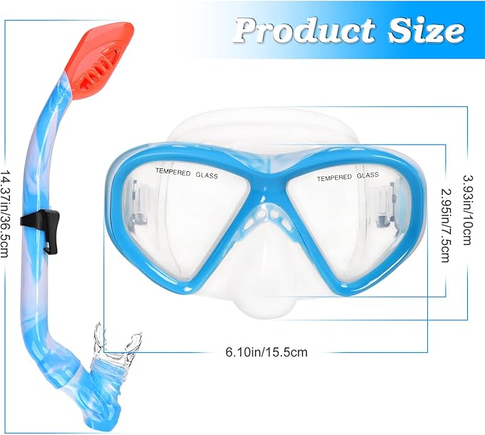 2 Sets Snorkeling Gear for Kids, Kids Snorkel Set for Ages 6-14, Dry Top Snorkel Mask Set for Youth Boys Girls Junior, Tempered Glass Diving Swimming Mask Goggles