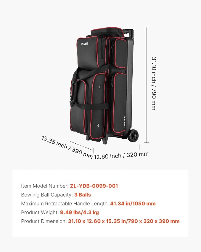 VEVOR Bowling Ball Bag, 3 Ball Double Roller Bowling Bag with Wheels, Featuring a Separate Compartment for Shoes (Up To US Size 16) & Oversized Accessory Pocket, Retractable Handle Extends to 41.34 in