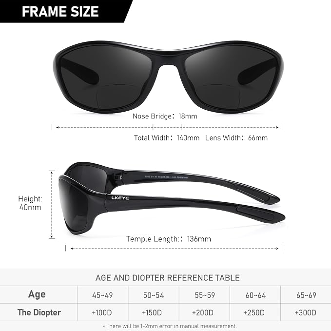 LKEYE Bifocal Reading Sunglasses Men Women Sports Style Sun Reader Wrap Around Build-In UV Protection Driving glasses LK6092