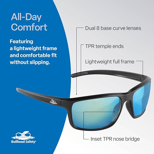 Bullhead Safety Eyewear Pompano Glasses – Polarized, Anti-Fog, Lightweight, Scratch Resistant, UV Light Blocking Sunglasses for Driving, Golf, Boating, Outdoor Work, Ice Blue Mirror Lens