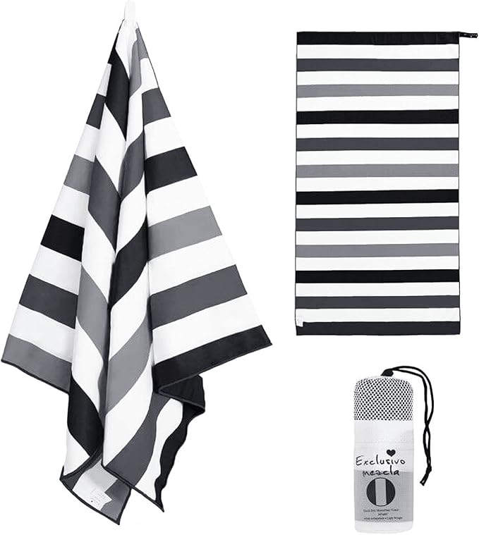 Exclusivo Mezcla Microfiber Quick Dry Beach Towel, Large Lightweight Sandfree Pool Towel for Swimming Camping Travel with Bag (Stripe Black, 30x60 Inches)