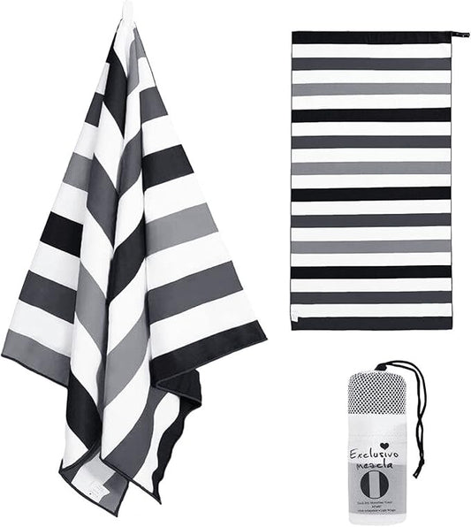 Exclusivo Mezcla Microfiber Quick Dry Beach Towel, Large Lightweight Sandfree Pool Towel for Swimming Camping Travel with Bag (Stripe Black, 30x60 Inches)