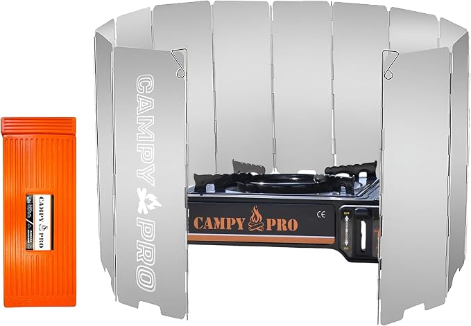 Silver Camping Stove Windscreen, 12-Plates Premium Aluminum Wind Guard Shield, Foldable Portable Design with Storage Box, Heavy-Duty, Butane Burner Windshield for Outdoor Cooking