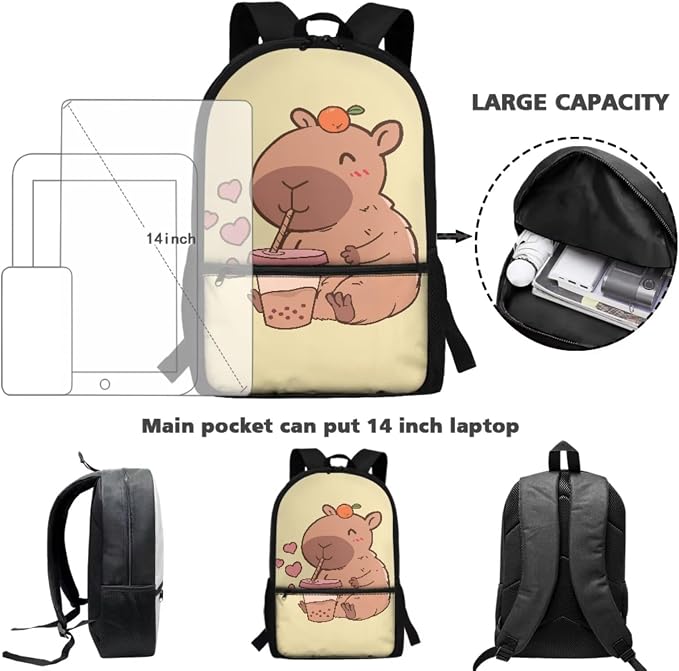 Capybara Backpack for School Kids Bookbag with Lunch Box Set Gilrs School Bag with Lunch Bag Pencil Case Water Bottle Holder 4 PCS Back to School Accessories
