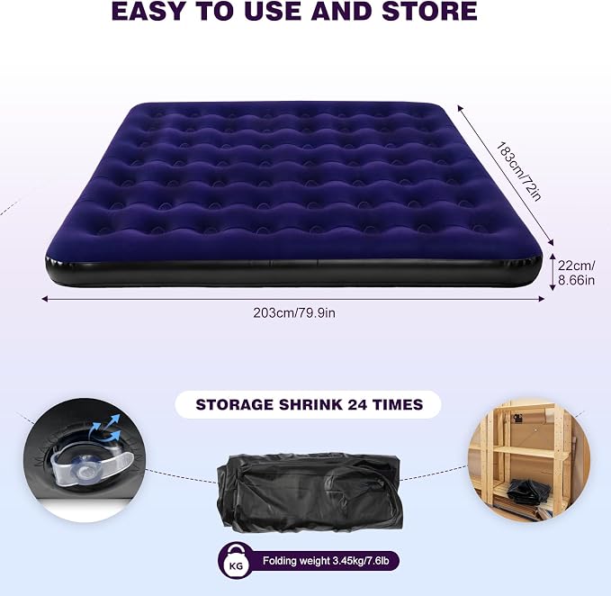 Onirii King Size Camping Air Mattress Bed with Air Pump | 80"x 72"Thickened Portable Blow Up Inflatable Air Mattress,Travel Sleeping Bed Pad for Camping Home Hiking