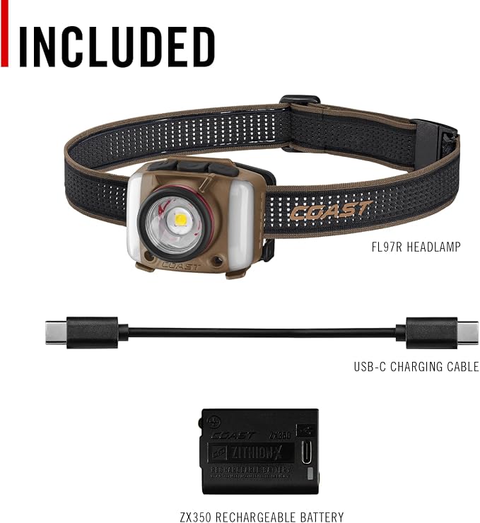 Coast FL97R Voice-Controlled 1200 Lumen Rechargeable LED Headlamp with Pure Beam Spot & Flood, ARC Lighting, Red & Green Color Modes, Glide Focus Radial Arm Dial and USB-C Charge Port, Desert