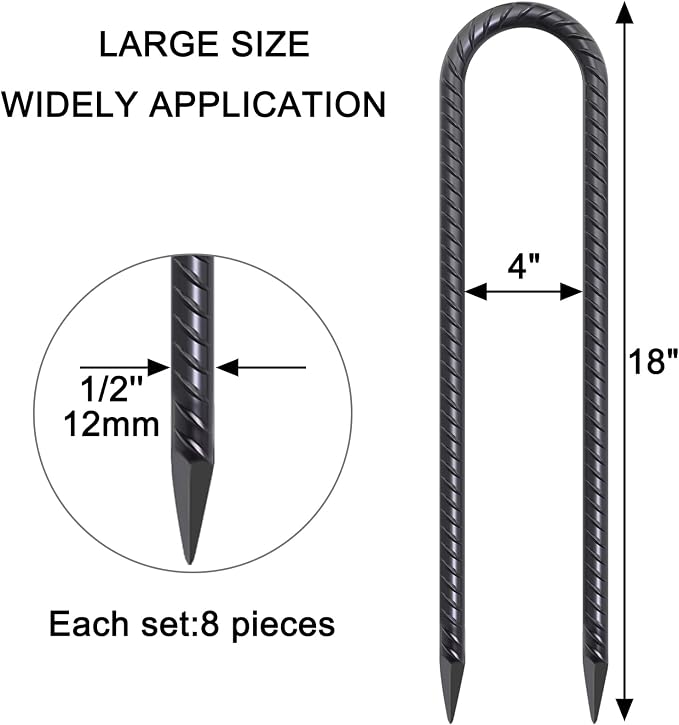 Trampoline Anchors 18 Inch, 1/2 Inch Diameter U Shaped Wind Stakes Heavy Duty Rebar Tent Stakes Chain Link Fence Spikes for Swing Set Soccer Goal Black Coated (8 Pack)