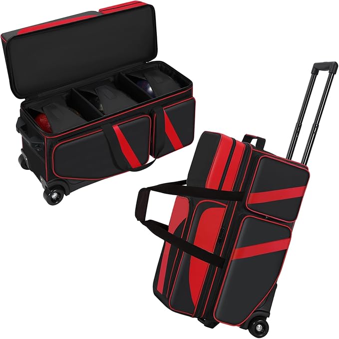 3 Ball Bowling Roller Bag with Smooth Wheels & Shoe Compartment, Heavy Duty 3 Ball Bowling Bag with Retractable Handle, Large Capacity Bowling Bag with Multi-pockets for Tournament, Travel, League