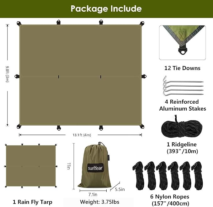 Sunyear Camping Hammock with Bug Net & Sunyear Hammock Rain Fly Tent Tarp Provides Effective Protection Against Rain
