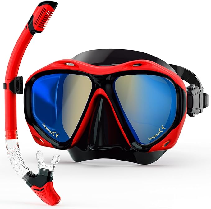 Snorkeling Gear for Adults, Snorkel Mask With Mirrored Tempered Glass Lens 180° Wide View Anti-Fog Scuba Diving Mask, Professional Snorkel Set for Swimming Diving, Gifts for Women Mom Men Dad