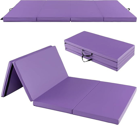 Goplus Gymnastics Mat, Folding Tumbling Mat with Carry Handles, Hook & Loop Fasteners, 4 Panels for Fitness Exercise Yoga Stretching Aerobics Workouts, Thick Gym Mats for Home