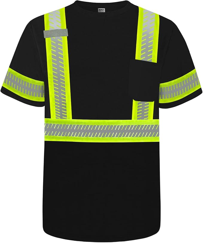 TCCFCCT High Visibility Shirts for Men Class 3 Hi Vis Reflective Safety Shirts for Men Women, Short Sleeve Construction Work Shirts with Green Extend Edge, Meet ANSI, Durable & Breathable, DT-Black L