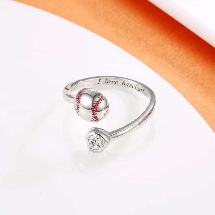 925 Sterling Silver Basketball Softball Baseball Football Tennis Racket Ring Adjustable Sports Jewelry Gifts for Women Player Mom