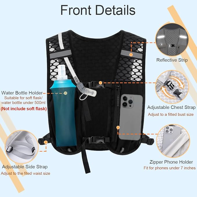 Running Vest with 1.5L Water Bladder, Lightweight Hydration Backpack for Women Men, Breathable Pack Adjustable Chest Straps Running Hydration Vest for Trail Running, Cycling, Hiking - Black