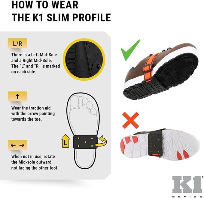 K1 Mid-Sole Ice Cleats - Rotatable Traction Aids For Flat Shoes - Indoor/Outdoor, Climbing, Driving - Slim Profile - Black