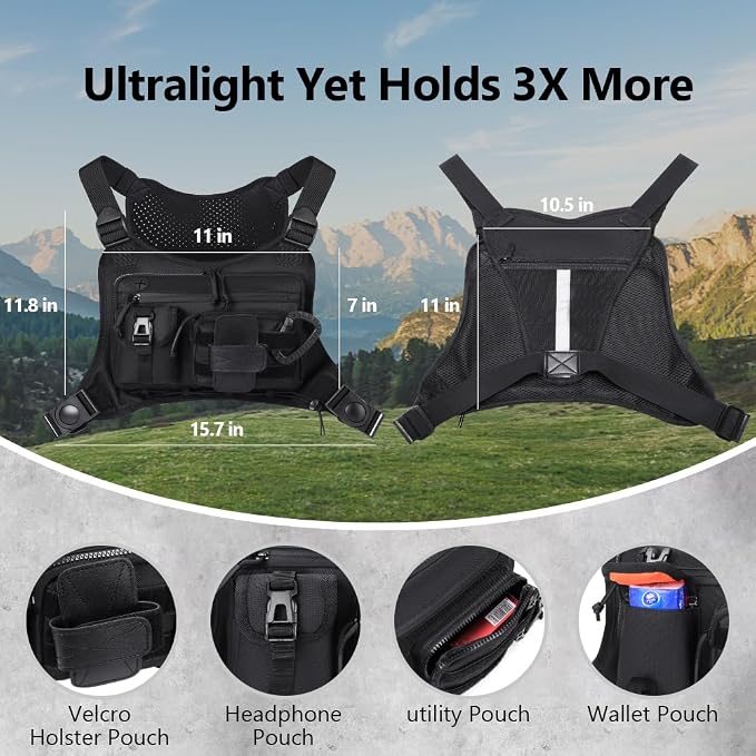 Outdoor Sports Chest pack for men with Gloves, EDC Chest bag for Travel, Lightweight Chest Rig Pouch, Tactical Running Chest Vest for Hiking, Cycling, Fitness, Motorcycle Riding, Workouts