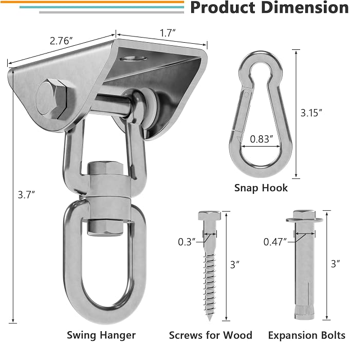 360°Rotating Hammock Hanging Kit, Heavy Duty 1200 lb Capacity Stainless Steel Hanging Swing Hooks, 2 Pack Swing Hanger for Yoga, Hammock Chair, Sandbag, Swing Sets(Silver