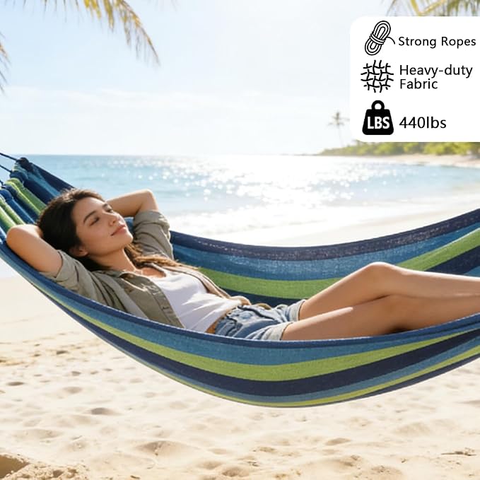 Cotton Canvas Hammock, Comfortable Fabric Camping Hammock with Tree Straps, Up to 440lbs with Travel Bag for Camping Outdoor/Indoor Patio Backyard(Blue, Without bar)