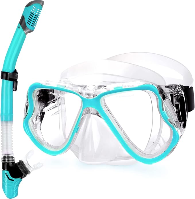 Greatever Dry Snorkel Set,Panoramic Wide View Anti-Fog Scuba Diving Mask,Professional Snorkeling Gear for Adults Kids