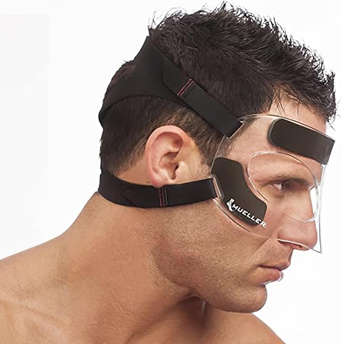 MUELLER Sports Medicine Face Mask for Men & Women, Adjustable Clear Face Guard, Nose & Cheek Protection for Basketball & Cosmetic Procedures, Shatterproof with Foam Padding, One Size
