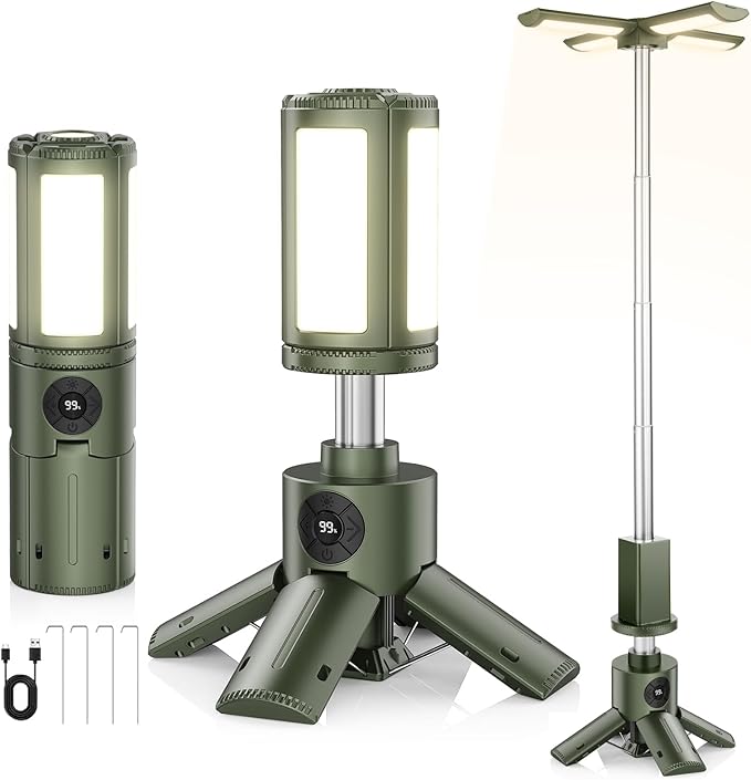 Telescopic Camping Light, Portable Camping Light with Stand, 14000mAh Rechargeable Camping Lantern, IPX6 Waterproof, Dimmable Outdoor Work Light for Emergency, Hiking, Fishing, Backyard
