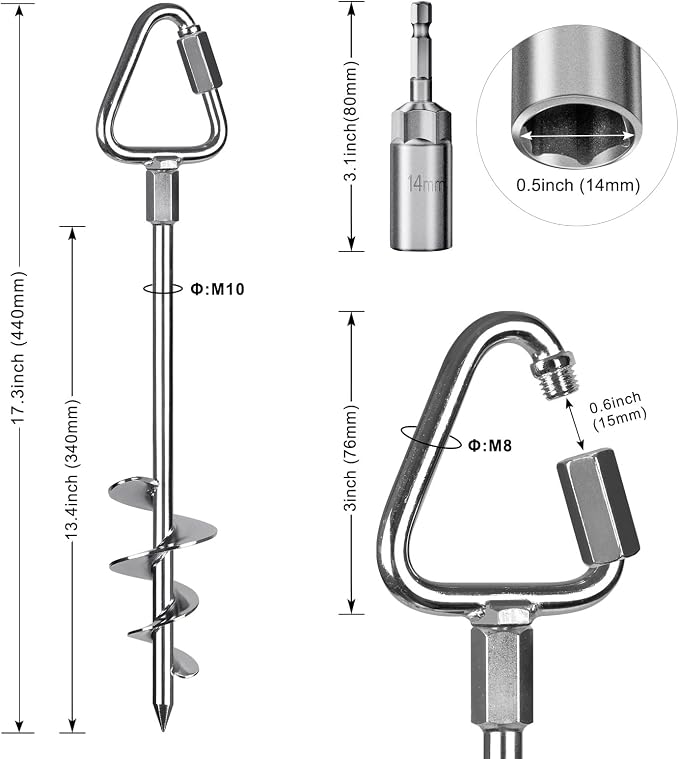 Insaga 17" Heavy Duty Ground Anchors Screw in - 4 Pack Chrome Plated with Reinforced Triangle Bracket for Trampoline, Swing Set, Shed, Mobile Home, Carport - High Wind Resistance for All Soil Types