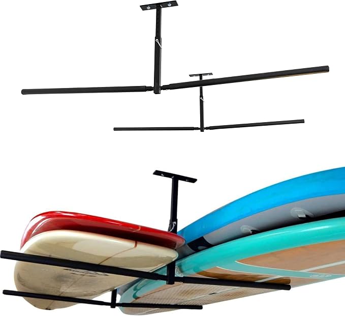 StoreYourBoard Standup Paddle Board and Surfboard Garage Storage Rack - Adjustable Ceiling Mount Hanger for SUP Storage, Heavy Duty Overhead Paddleboard Organizer for Garage, Space Saving Rack
