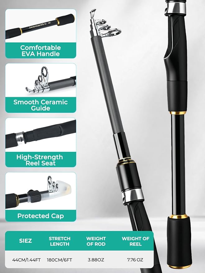 Jenseits 6Ft Spinning Fishing Rod Reel Combo, Freshwater Telescopic Kit | 5.2:1 Spinning Reel, Carbon Fiber Telescopic Rod, Includes Lures, Line & Carry Bag, Fish Gripper & Pliers for Beginner Angler