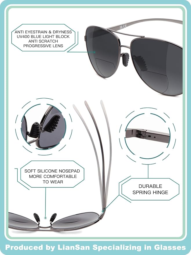 LianSan Premium Aviator Bifocal Reading Sunglasses for Men Women Retro Top Clear Sun Readers UV Protection