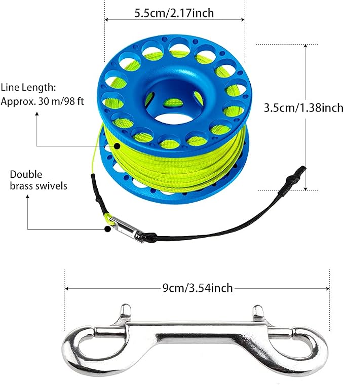 5ft Yellow Scuba Diving Open Bottom Surface Marker Buoy (SMB) with 98ft Finger Spool Alloy Dive Reel and Double Ended Bolt Clip Blue