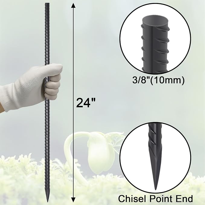 VVOKGO Rebar Stakes 24 Inch Ground Straight Concrete Form Stakes Heavy Duty (16pcs), 3/8" Diameter Metal Steel Spikes Anchors with Chisel Point End for Plant Support, Garden Border,Landscape Edging