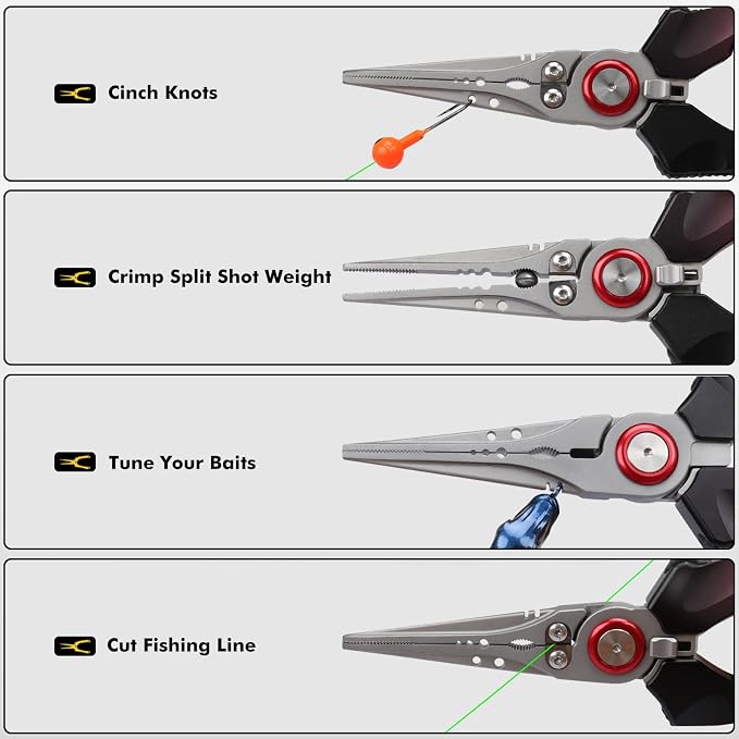TRUSCEND Easy Use Lockable Fishing Pliers with Tungsten Carbide Cutter, Innovative Ergonomic Handy Handle, Saltwater Corrosion Resistant Teflon Coated Fishing Tool, Light Multi-Function Fishing Gear
