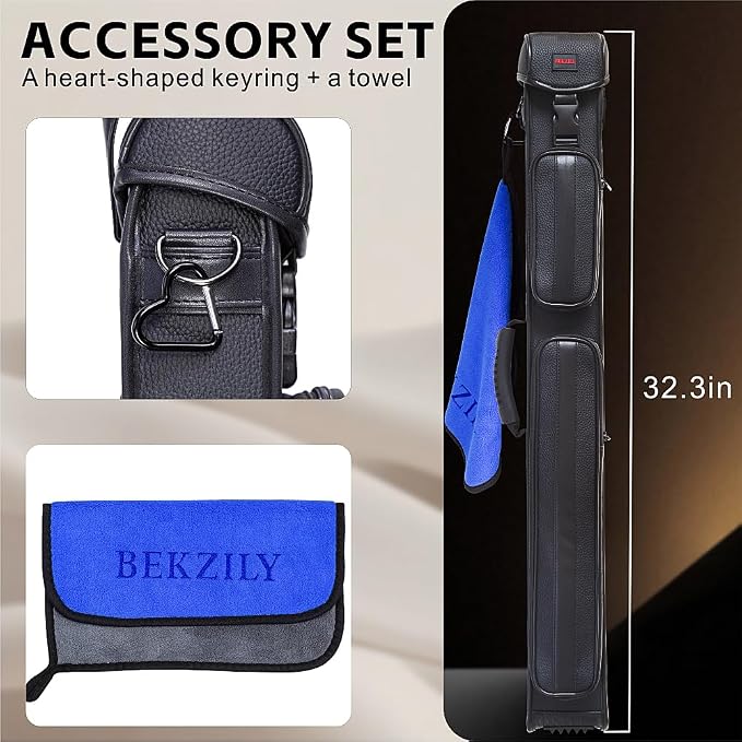 2x3 Billiard Cue Case – Holds 2 Butts & 3 Shafts, PU Leather Exterior, Plastic Buckle Closure, External Accessory Pocket & Towel Hook, Black/Blue/Pink