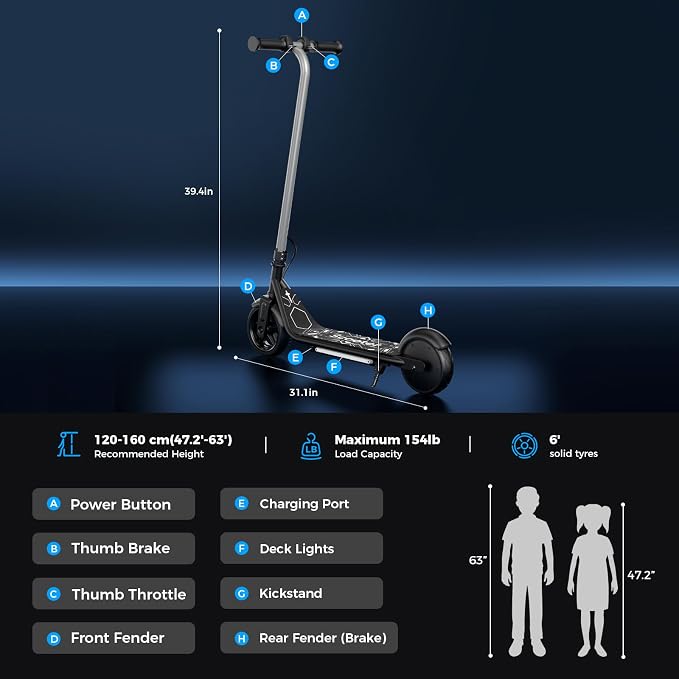 Electric Scooter for Kids Ages 6-12, 150W Motor, Simple One-Button Control, 2 Safe Speeds (6/10 MPH), K2 Pro for 3 Speeds, Colorful Lights, Magnetic Charging, Dual Brake System, 154 Lbs Load Capacity