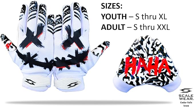Jester Football Receiver Gloves White – HA HA X Eyes Tacky Pro Grip Palms Battle College Lineman Men Adult Youth Kids Small to XXL Sizes Unleash Your Joker Venom
