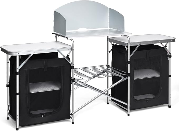 Giantex Camping Kitchen Station, Folding Grill Table with 26'' Tabletop, 2 Side Tables, Storage Organizer, Detachable Windscreen, Portable Camp Cook Outdoor Prep Station Backyard BBQ Picnic (Black)