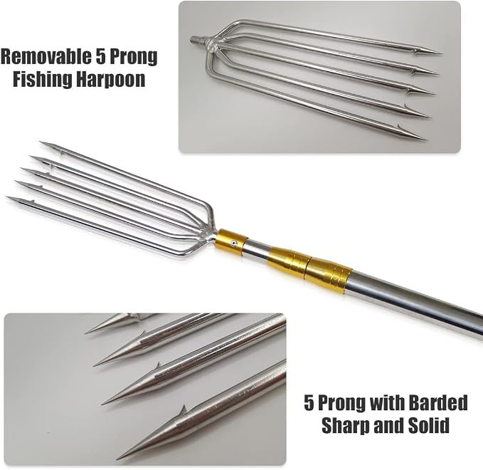 Dutiplus Telescopic Fish Gaff with 1~5 Teeth Assorted harpoons Barbed, Sea and Ice Fishing Spear Gig for Hunting Fish Frog Mole