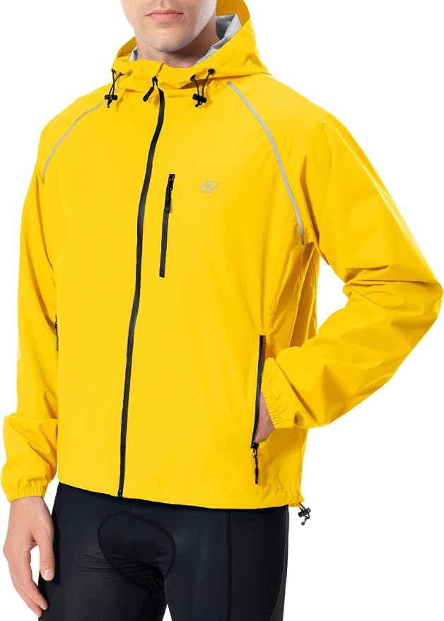 Hugut Men's Cycling Running Rain Jacket Lightweight Waterproof Biking Hiking Windbreaker Raincoat Reflective Packable