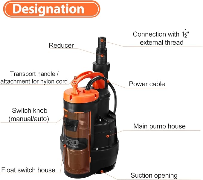 Sump Pump, Prostormer 3500 GPH 1HP Submersible Clean/Dirty Water Pump with Build-in Float Switch for Pool, Pond, Garden, Flooded Cellar and Irrigation