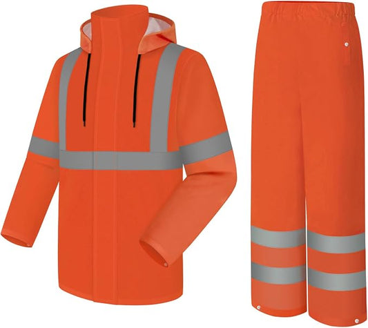 High Visibility Rain Suit and Pants, High Vis Rain Suit for Men, Waterproof Rain Jacket with Hood, Class 3 Lightweight Hi Vis Rain Gear for Outdoor& Safety Work, Men Women, Orange B, 4XL-5XL