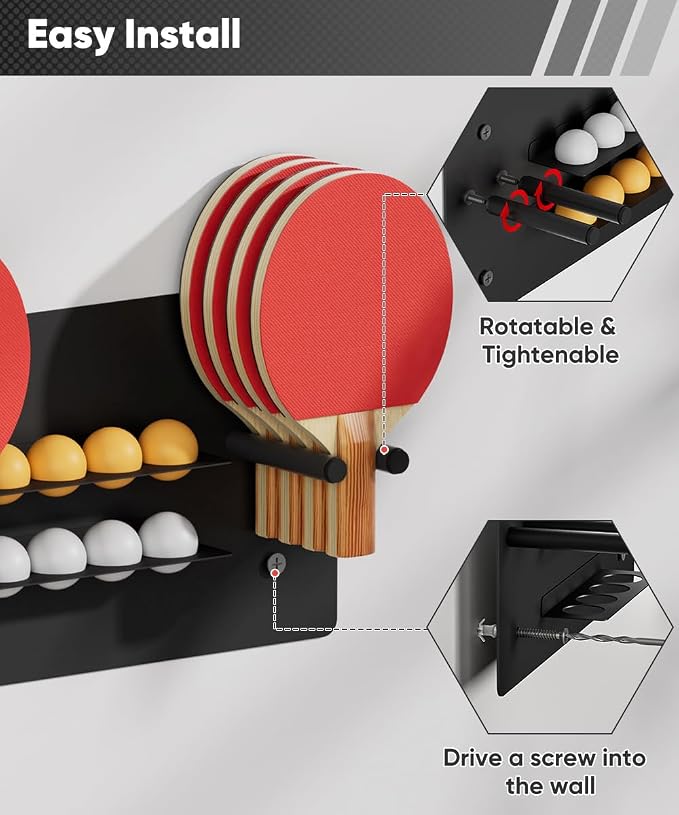 Ping Pong Paddle Holder, Wall Mounted Metal Magnetic Table Tennis Storage Rack Holds