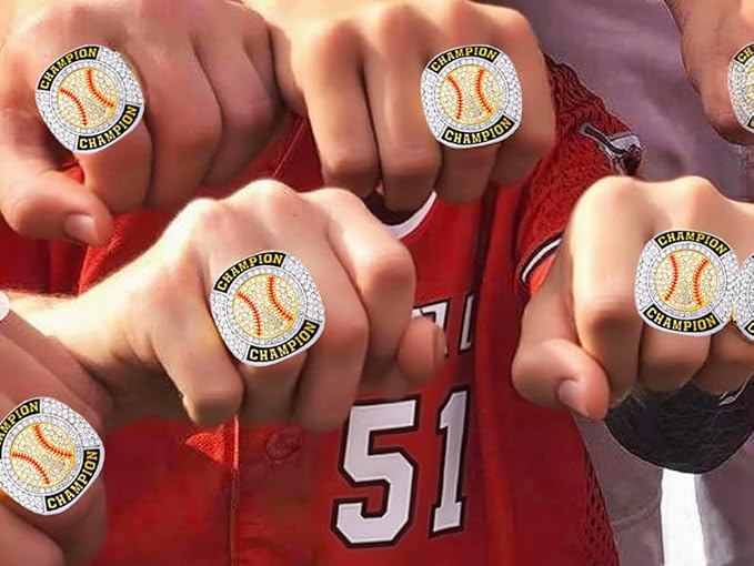 12 Pcs Baseball Championship Ring Softball Ring Sport Ball Trophy Award Gift with Display Neck Chain and Stand for Tournament or League Champion Winner