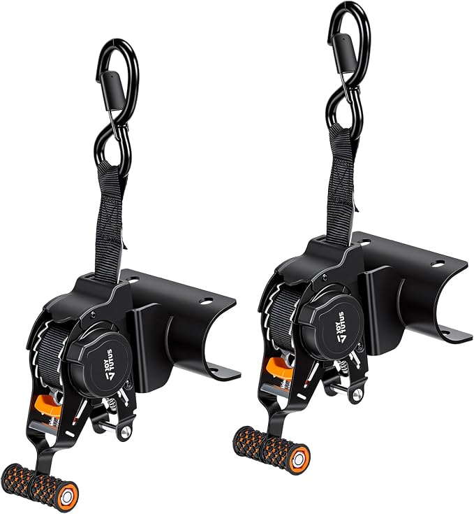 JOYTUTUS 2PCS Retractable Ratchet Straps for Round Tube, 2-Pack Heavy Duty 10'x1'' Auto Retracting Tie Down Straps, 1,500lb Break Strength, Black