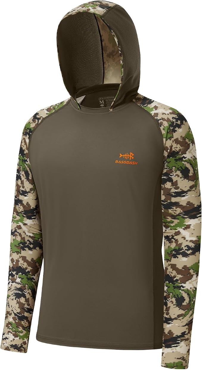 BASSDASH Men’s UPF 50 Performance Fishing Shirt Cooling Hoodie Camo Long Sleeve FS17M