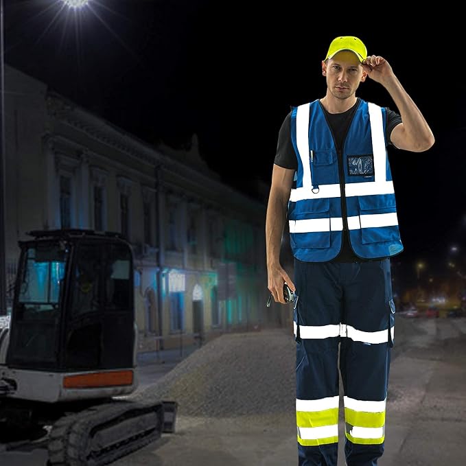 A-SAFETY Blue High Visibility Vests Reflective Work Vest,Hi Vis Bright Neon Color with 4 Reflective Strips 7 Pockets