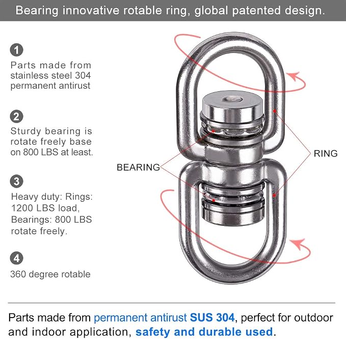 SELEWARE Heavy Duty Bearing Swing Swivel, 360° Rotational Hanging Accessory with 2 Quick Connect Buckles, Ideal for Tree Swing, Hammock Chair, Yoga, Kids Tire Swivel, Heavy Bag Swivel, 1200LB Capacity